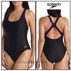 Speedo Ultraback Swimsuit Black with Hot Pink Piping One Piece Racerback Size 6